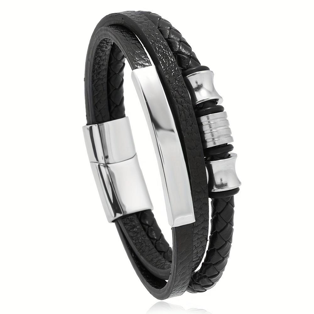 Titanium Steel Leather Bracelet Magnetic Clasp Punk Mens Wristband Trendy Fashion Accessory