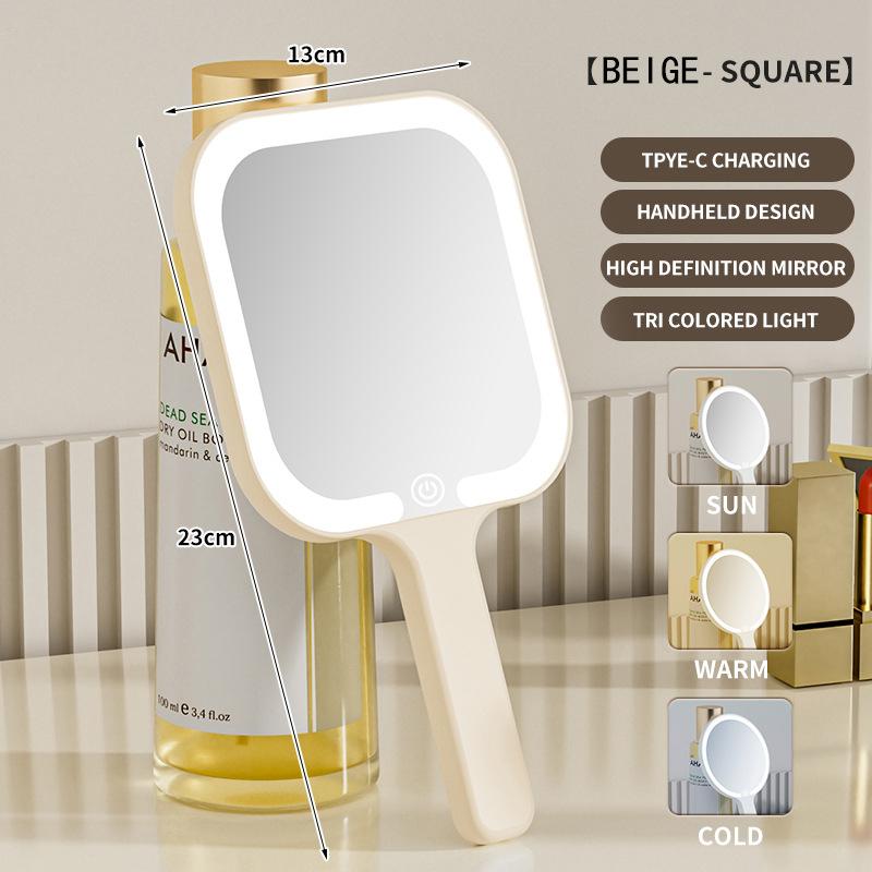 Handheld Makeup Mirror 3 Colors LED Light Mirrors Portable HD Intelligent Touch Screen Control Cosmetic Mirror Type-C Charging