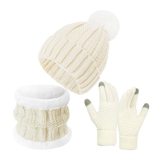 3Pcs/Set Winter Knitted Scarf Gloves Set Pom Pom Ball Fleece Lining Brimless Hat Touchscreen Gloves Neck Warmer Set