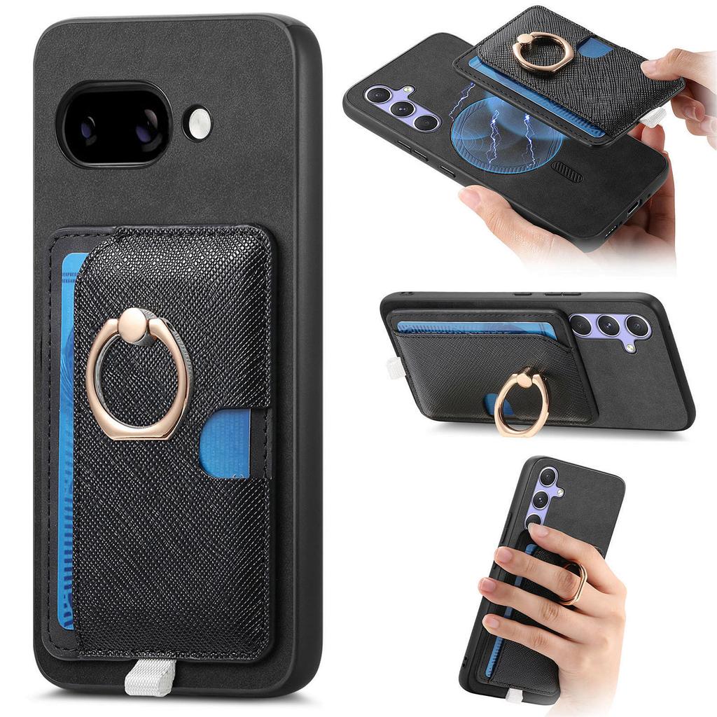 For Google Pixel 9a Case Ring Kickstand Leather + TPU + PC Phone Cover Detachable Card Holder