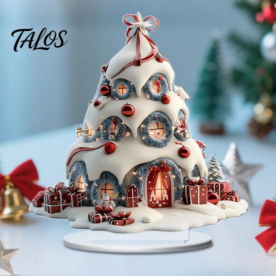 Colorful Acrylic Christmas Crafts Winter Tree Cottage Table Decoration, Double Sided Xmas Cabin Ornament Fairy Tale Igloo Decor with Stable