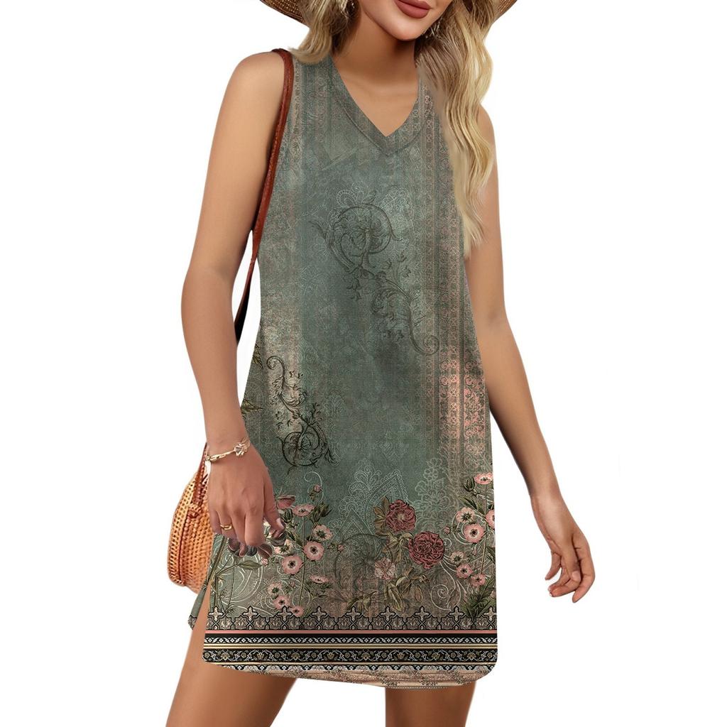 Women's V-neck Summer Casual Beach Vacation Women's Sleeveless Floral Print Sundress