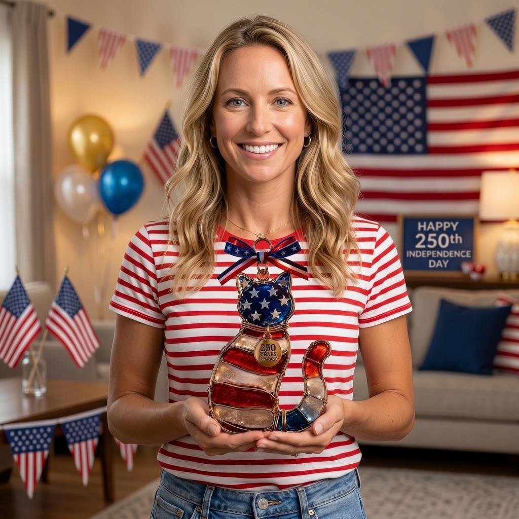 Wire Cat Shaped Ornament with Patriotic Themed Print and 250 Years 1776–2026 Medallion for Indoor Outdoor Decoration