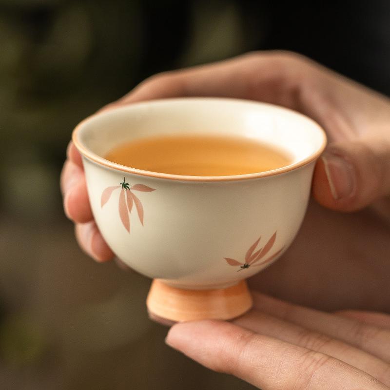 Mellow Yellow Glaze Ceramic Tea Cup with Orchid Design High Foot Personal Master Cup for Chinese Gongfu Tea Gift