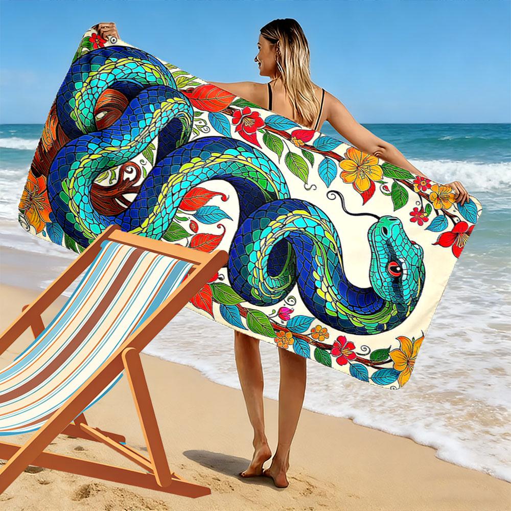 Vivid Serpent Garden Elegance Print Beach Towel, Quick Drying, Suitable for Travel, Outdoor Sports, Jogging, the Beach and Swimming, Gift