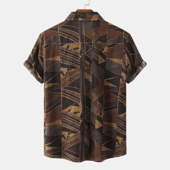 Men Shirt Vintage Style Geometric Print Colorful Turn-down Collar Summer Top Male Garment