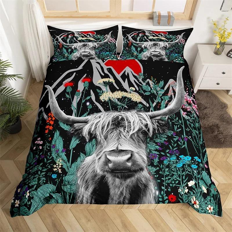 

Farmhouse Animal Duvet Cover Microfiber Wild Botanical Floral Leaves Comforter Cover Highland Cow Bedding Set King For Boys Girl EU Single 135x200cm