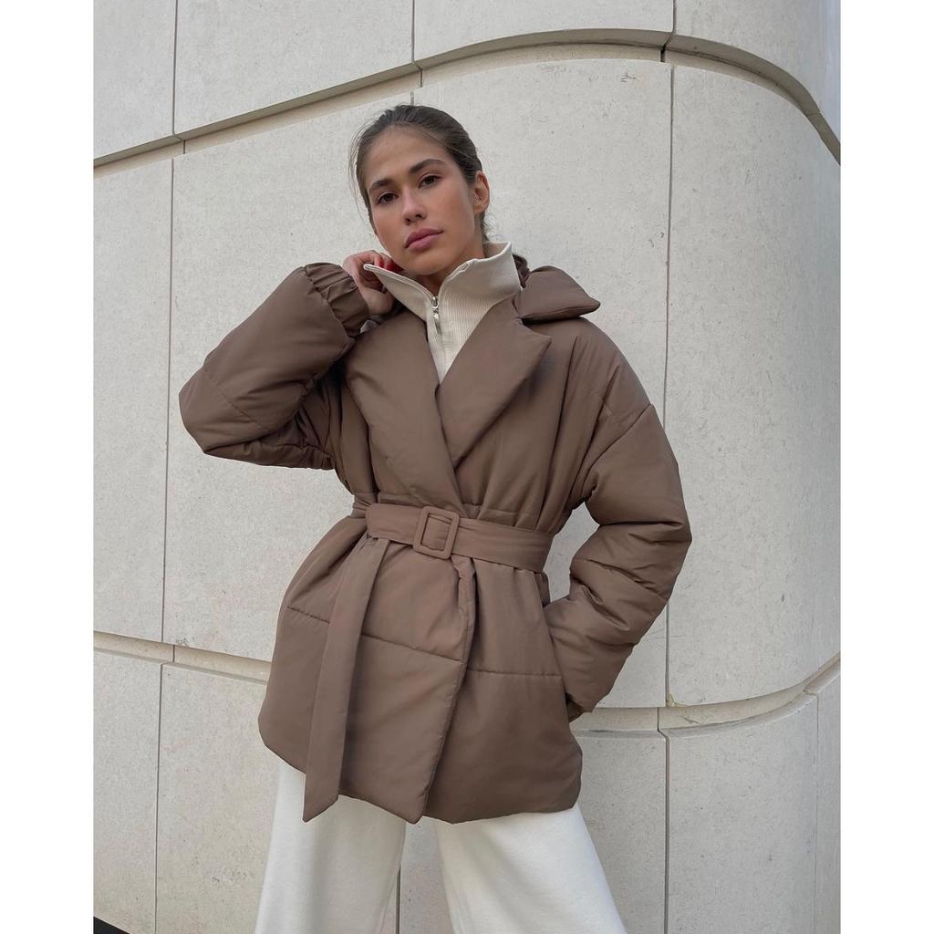 Winter New Thickened Lapel Waist-Tight Cotton Coat Women Slim Fit Solid Color Warm Padded Jacket Outerwear