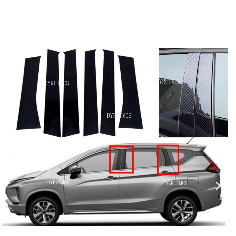 6Pcs Glossy Black Silvery Carbon Pillar Posts Window Trim Fit For Mitsubishi Xpander 2017-2025 Cover Door Sticker Decal