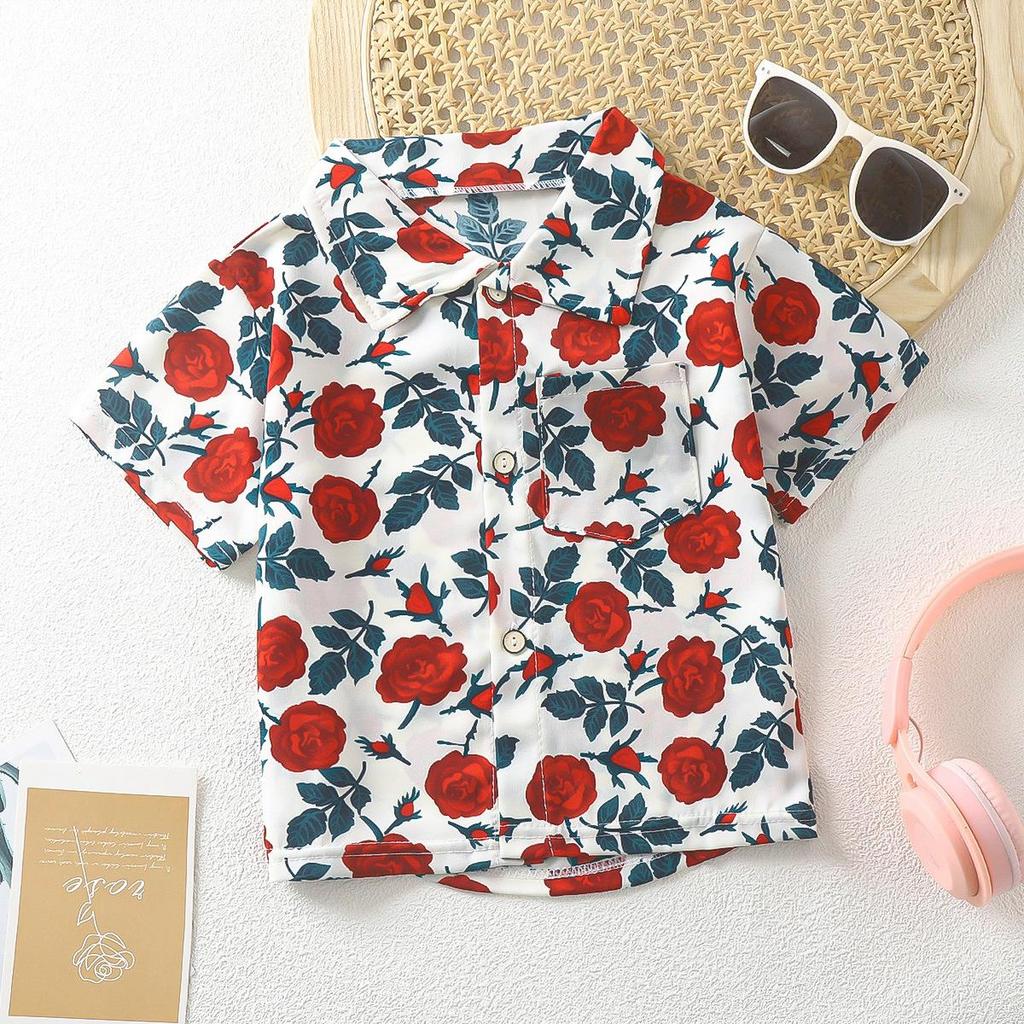 2026 Summer Short Sleeve Shirts for Boys and Girls Baby Spring Lapel Cartoon Top for Children Floral Shirt