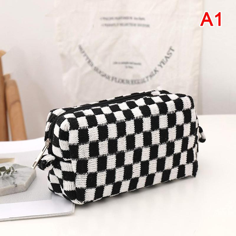 Ins Checkerboard Knitted Pencil Case Big Capacity Pen Bag Zipper Stationary