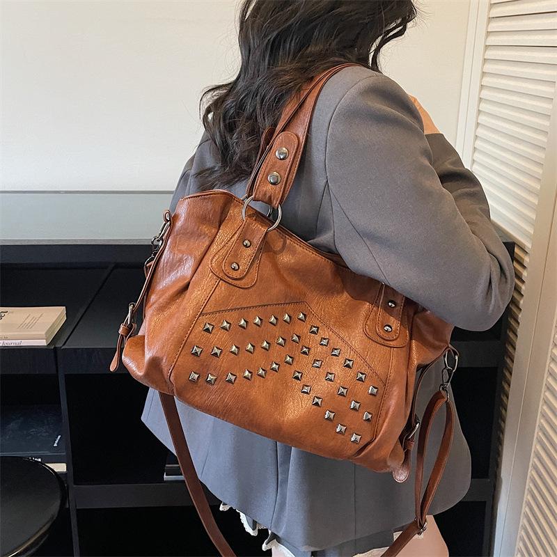Women's Retro Punk Motorcycle Tote Bag with Rivets - Large Capacity, Fashionable Handheld or Shoulder Style