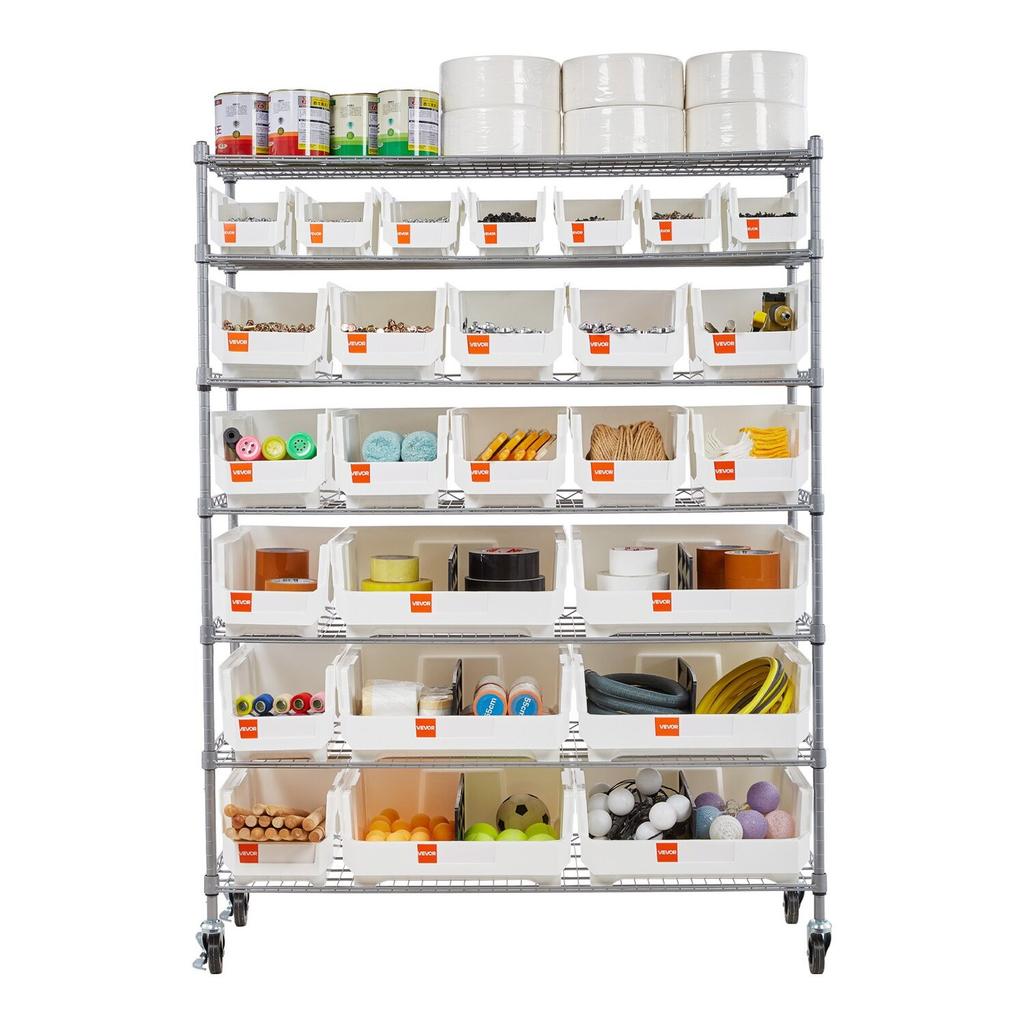 7patrový pojízdný regál na úložné boxy, 26 organizačních boxů, Regál na boxy, Ocelový drátěný úložný systém s kolečky, Mobilní organizér na nářadí do garáže,