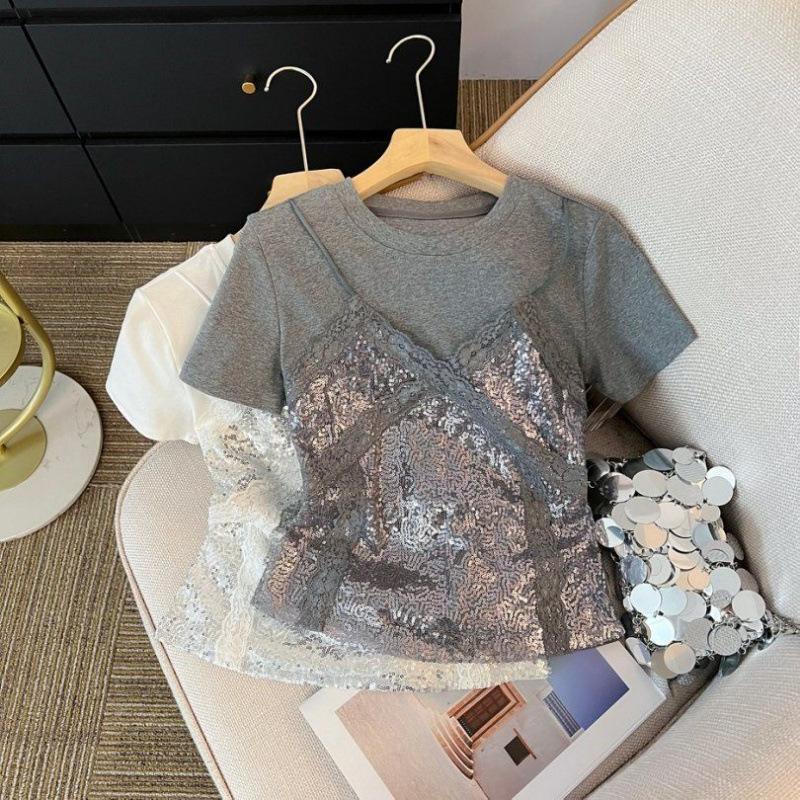 

Белый кружевной топ-майка в стиле пэчворк, футболка с короткими рукавами, женский летний, маленький, универсальный XS серый