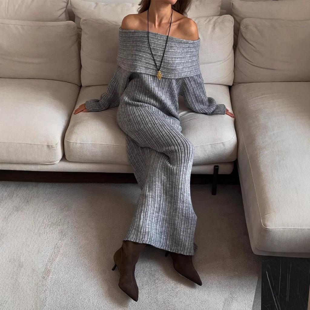 Knitted Off-the-shoulder Long-sleeved Dress, European, American Autumn and Winter New One-word Shoulder-wrapped Hip Knitted Dress for Women