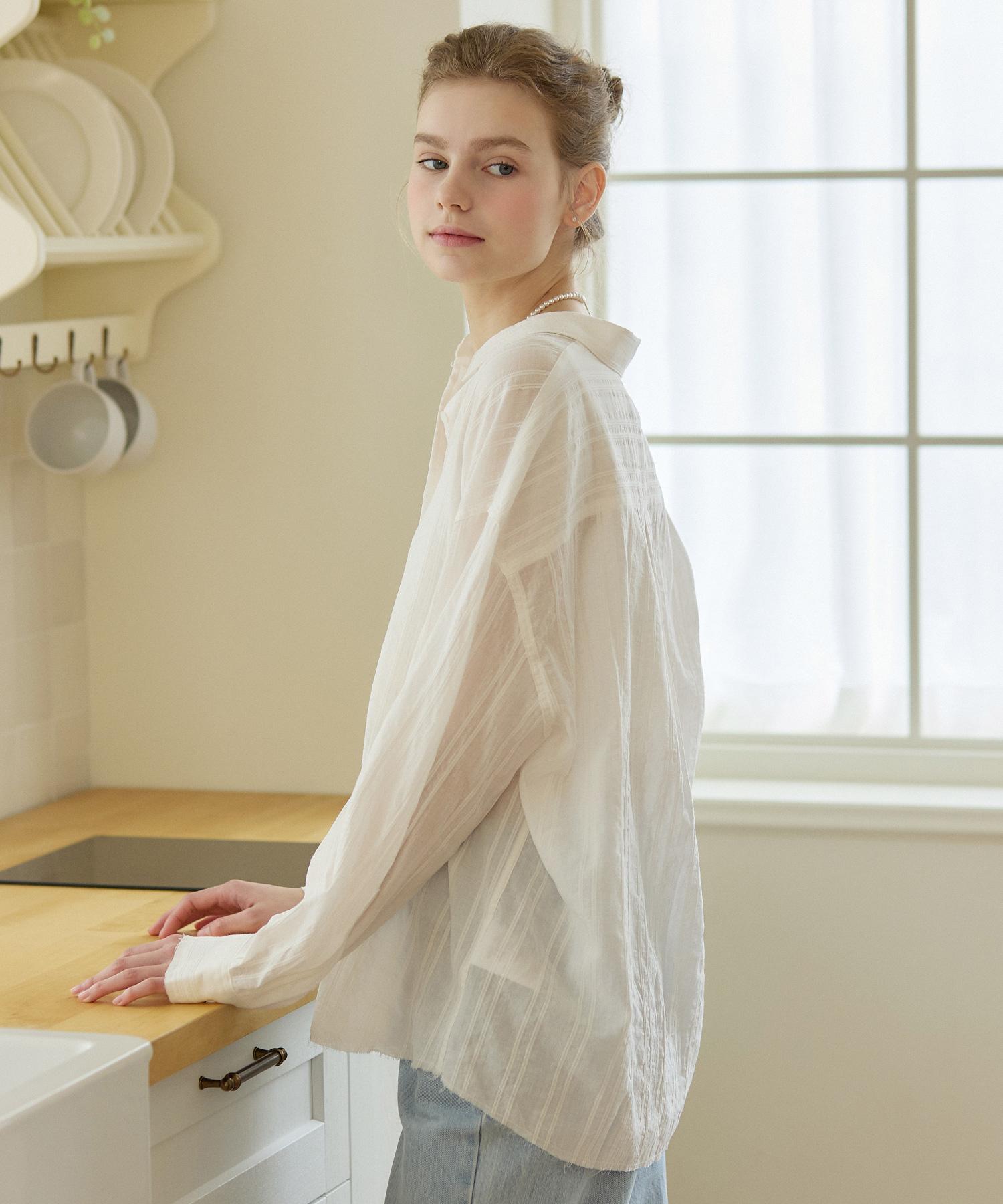 Nonlocal Over Fit Raw Cut Stripe Shirt - White White/Free