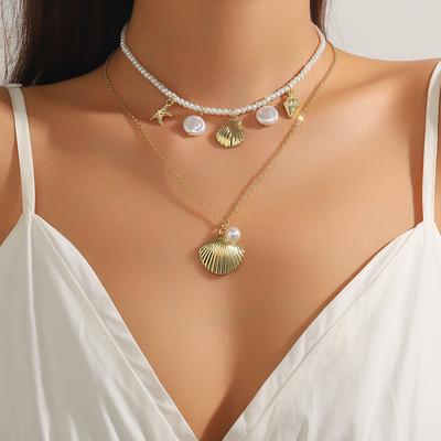 Necklace for Women Accessories Faux Beaded Shell Conch Necklace Beach Ocean Style Simple Collarbone Chain Beautiful Elegant Necklace for Her