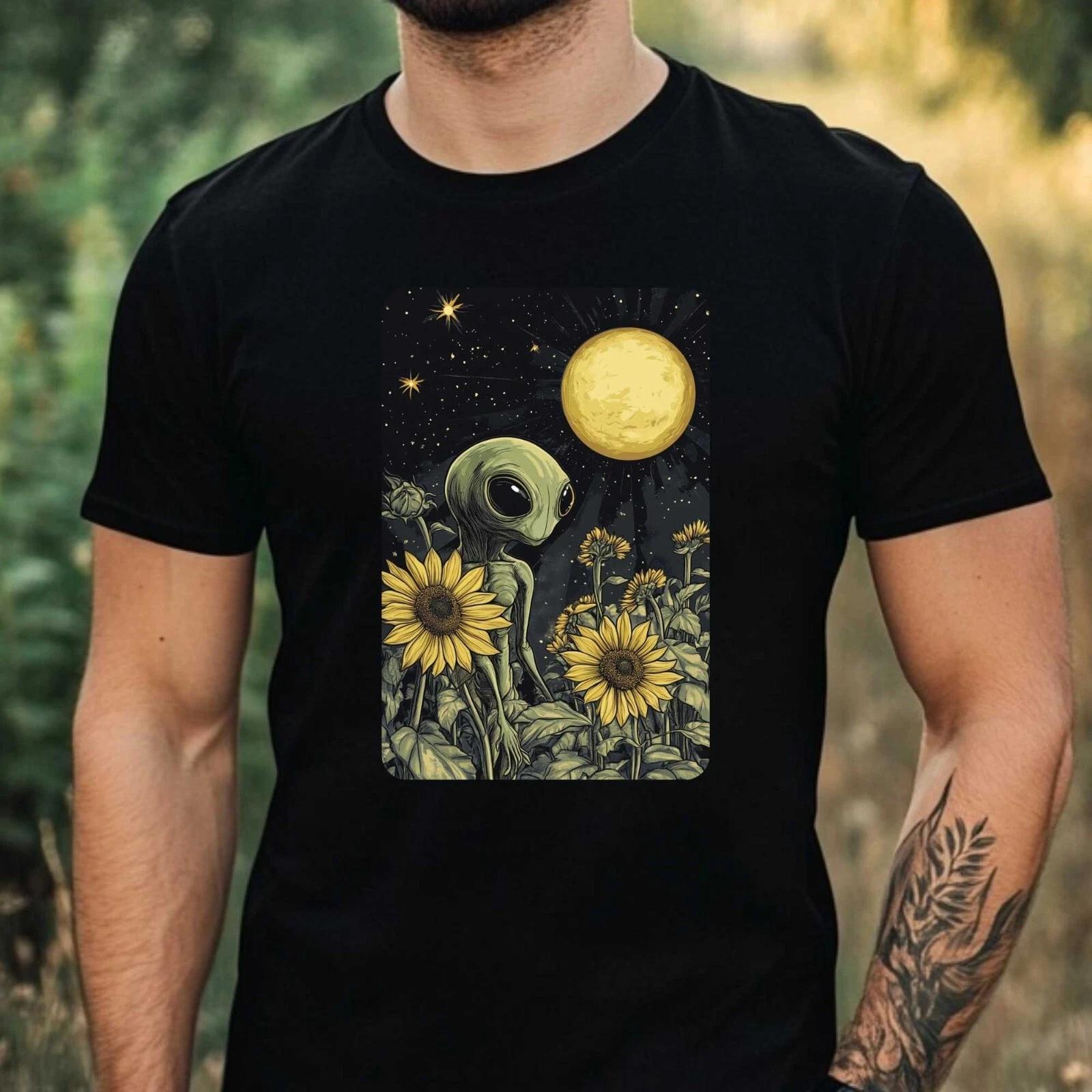 T-Shirt Herren Alien mit Sonnenblume Motiv Baumwolle Größe XS bis 5XL XXXXL