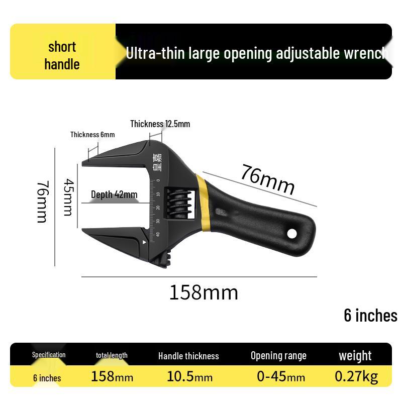 Large Opening Multifunctional Adjustable Wrench with Short Handle for Bathroom Use