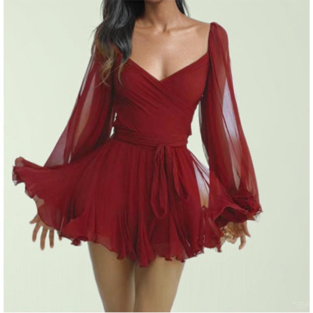 Women's V Neck Long Puff Sleeve Mini Dress Slim Fit Mid Waist Elegant Solid Wrap Chiffon Skater Mini Dress