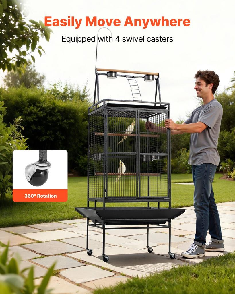 Bird Cage, 830 x 790 x 2100 mm, Open Flat Top, Wrought Iron Bird Flight Cage with Perches, Slide-Out Tray, Plastic Feeders, for Cockatiel, Monk