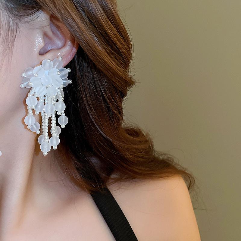 Silver Needle Acrylic Bead Tassel Earrings - Fashionable High-End Stud Earrings for Women