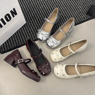 Silver Little Mary Jane Single Shoes with Skirt Light Mouth Round Head Bow Ballet Thick Heel Women's Shoes