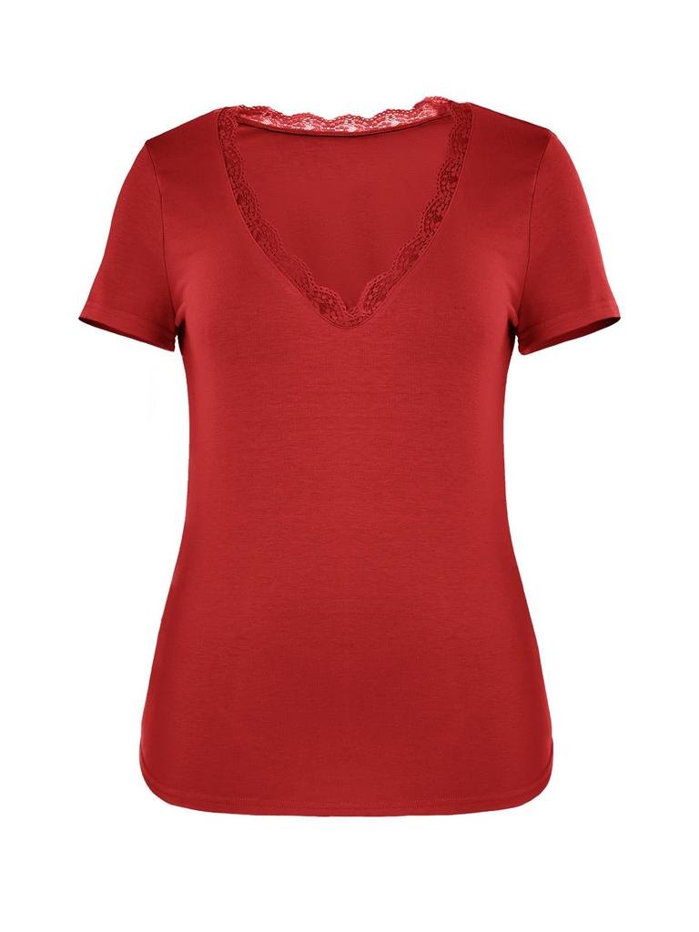 Womens Y2K Lace V Neck T Shirt Short Sleeve Slim Fit Going Out Top