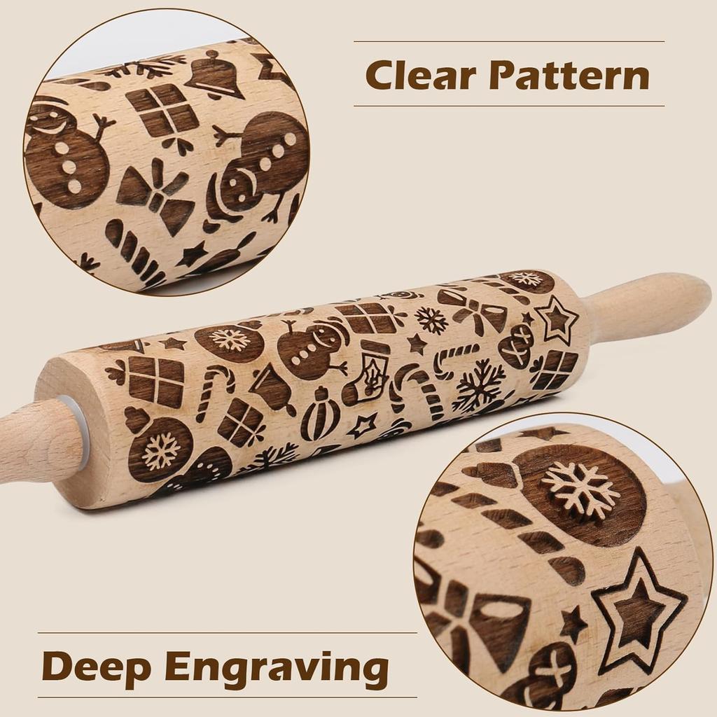 Christmas Embossed Rolling Pin for Baking Cookies Embossing Rolling Pins with Design Wooden Engraved Springerle Roller Pin Dough Patterned Clay