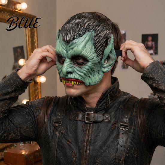 Soft Foam Vampire Pointy Ears Halloween Half Mask Mask Green Face with & Sharp Teeth Retro Distressed Party Lightweight