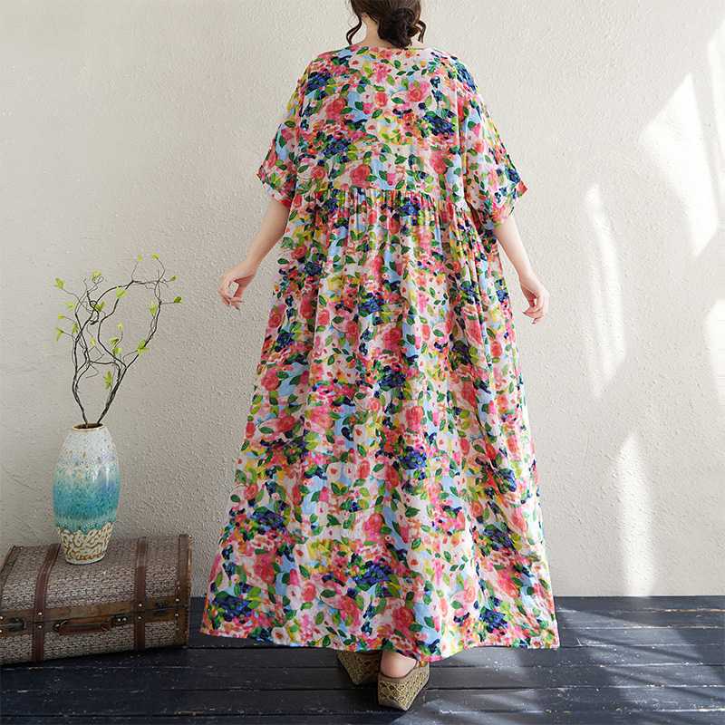 Women's Cotton and Linen Round Neck Short Sleeved Simple Floral Long Skirt, Long Girl