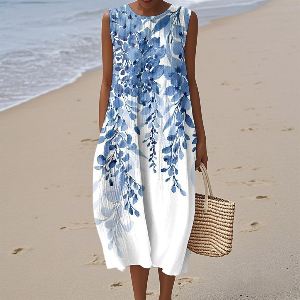 Mote dame avslappet ermeløs rund hals blomsterprint elegant temperament kjole