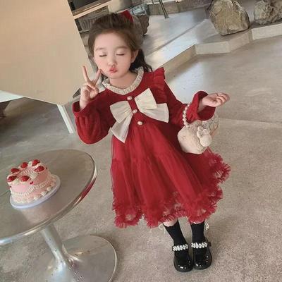 2024 Rotes Schleifen-Prinzessinnenkleid für Mädchen - Frühling & Herbst Mode