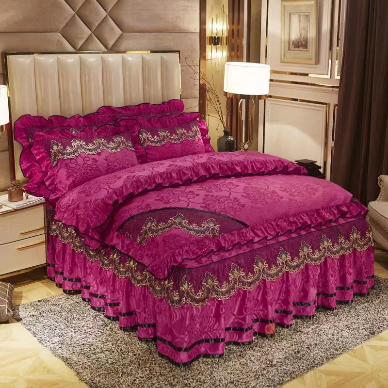 

Размер King Size/Queen Size/Twin Size Кружевная юбка-кровать Пододеяльник Наволочка Комплект из четырех предметов Утолщение Теплая спальня Простое постельное белье Высокое качество Осень Зима Queen 4pcs