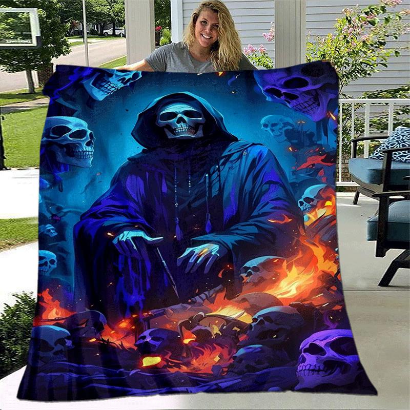 1pc Skeleton Printing Lightweight Flannel Blanket, Comfortable and Warm Blanket, for Camping Sofa Bed and Couch Office, in All Seasons
