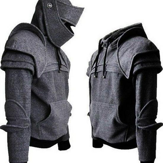 Men's Halloween Knight Hoodie with Mask, Elbow Pads, Drawstring, and Kangaroo Pocket - Solid Color Cosplay Costume