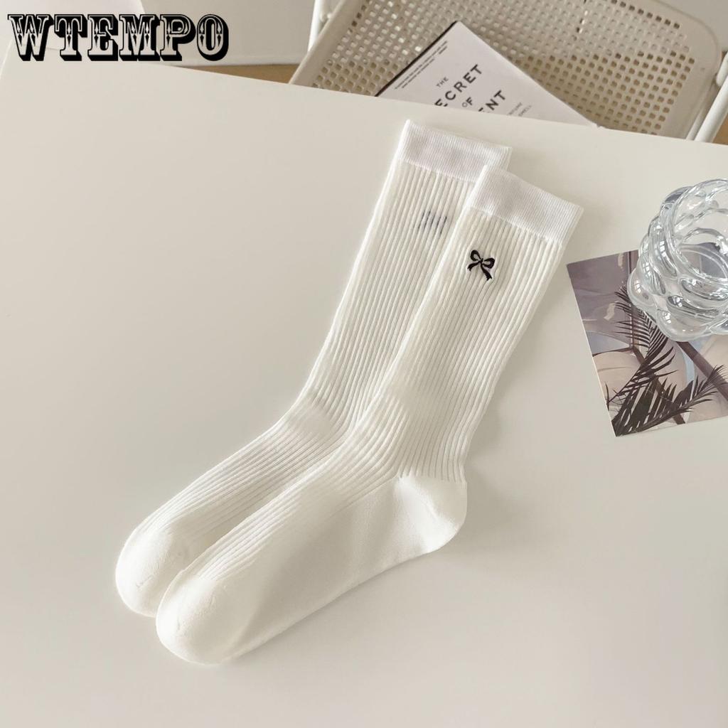5pcs White Bow Socks Women Ballet Style Mid-calf Socks Summer Thin Stockings Cotton Stacked Socks