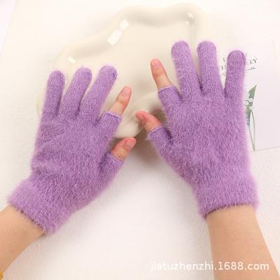 Winter Two-finger Dew Finger Reverse Needle Jacquard Pulling Warm Knitted Plush Student Thick Winter Half-finger Gloves