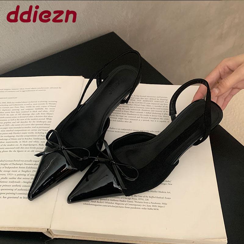 Fashion Fashion Butterfly-Knot Footwear Female Low Heel Sandals Shoes For Women 2025 New Pointed Toe Ladies Heeled Sandals Slides Shoes