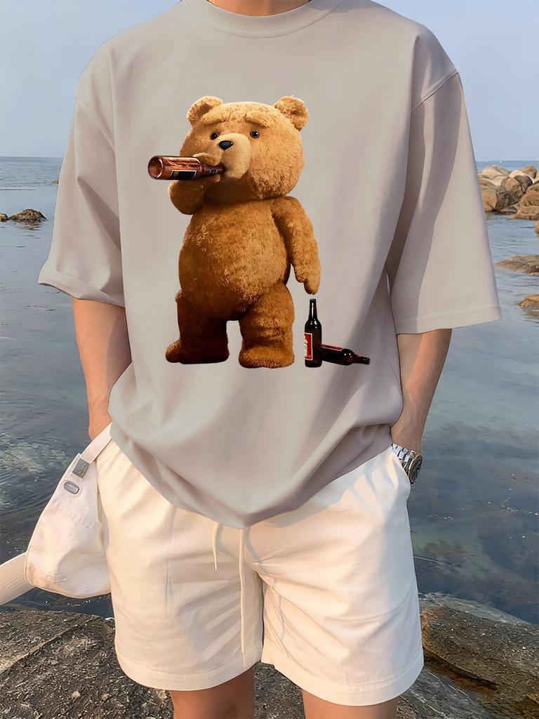 The Melancholic Bear Drinking Printing TShirt Women Cotton Summer T Shirt Comfortable Loose ONeck Tops Street Woman Clothes