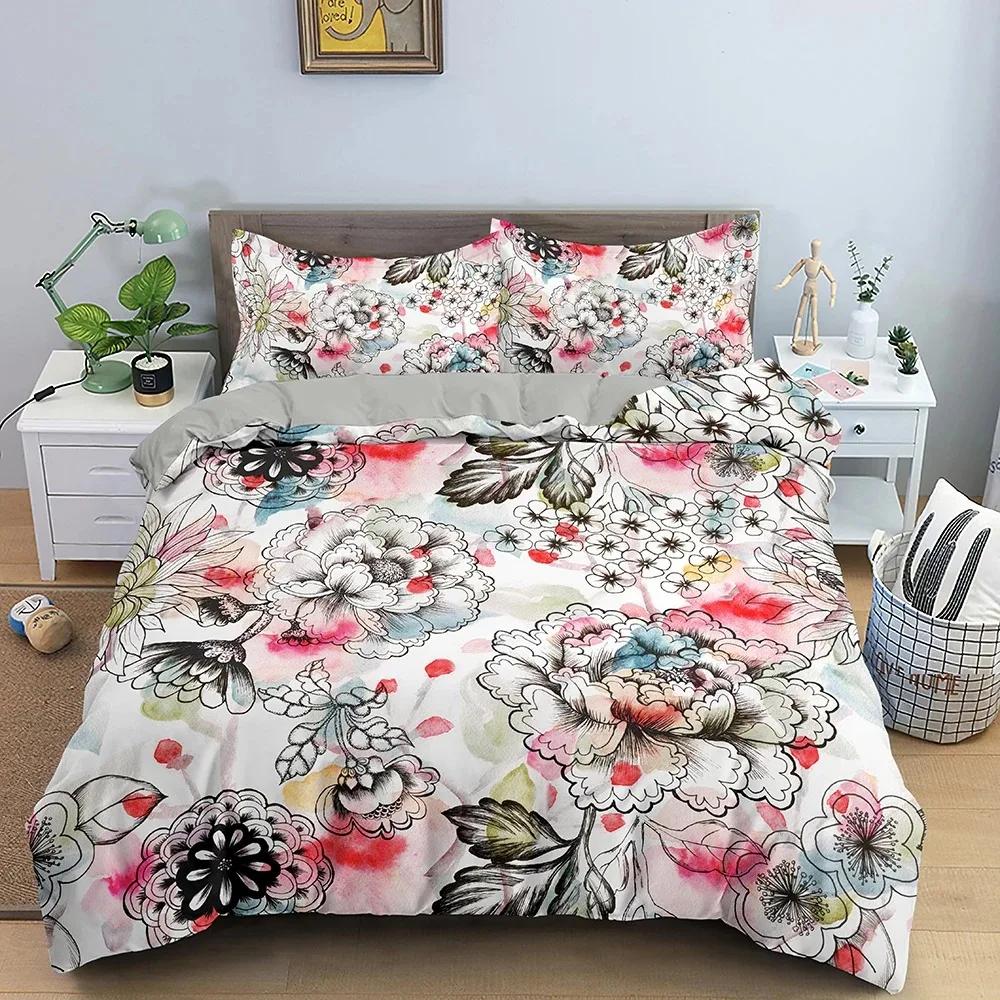 Tropical Flower Leaf Duvet Cover King Queen Colorful Vintage Floral Bedding Set for Adults Women Boho Polyester Comforter Cover
