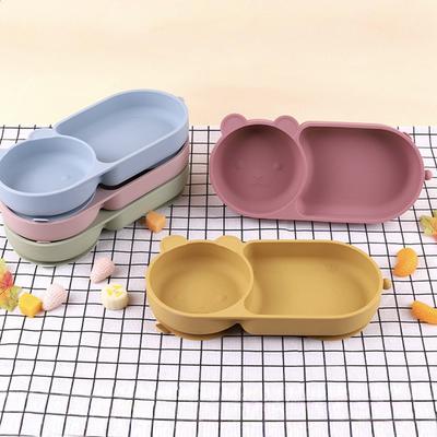 Baby Silicone Suction Cup Bowl Cute Bear Design Macaron Color 100% Food Grade Silicone BPA Free Double Plate Design for Meals