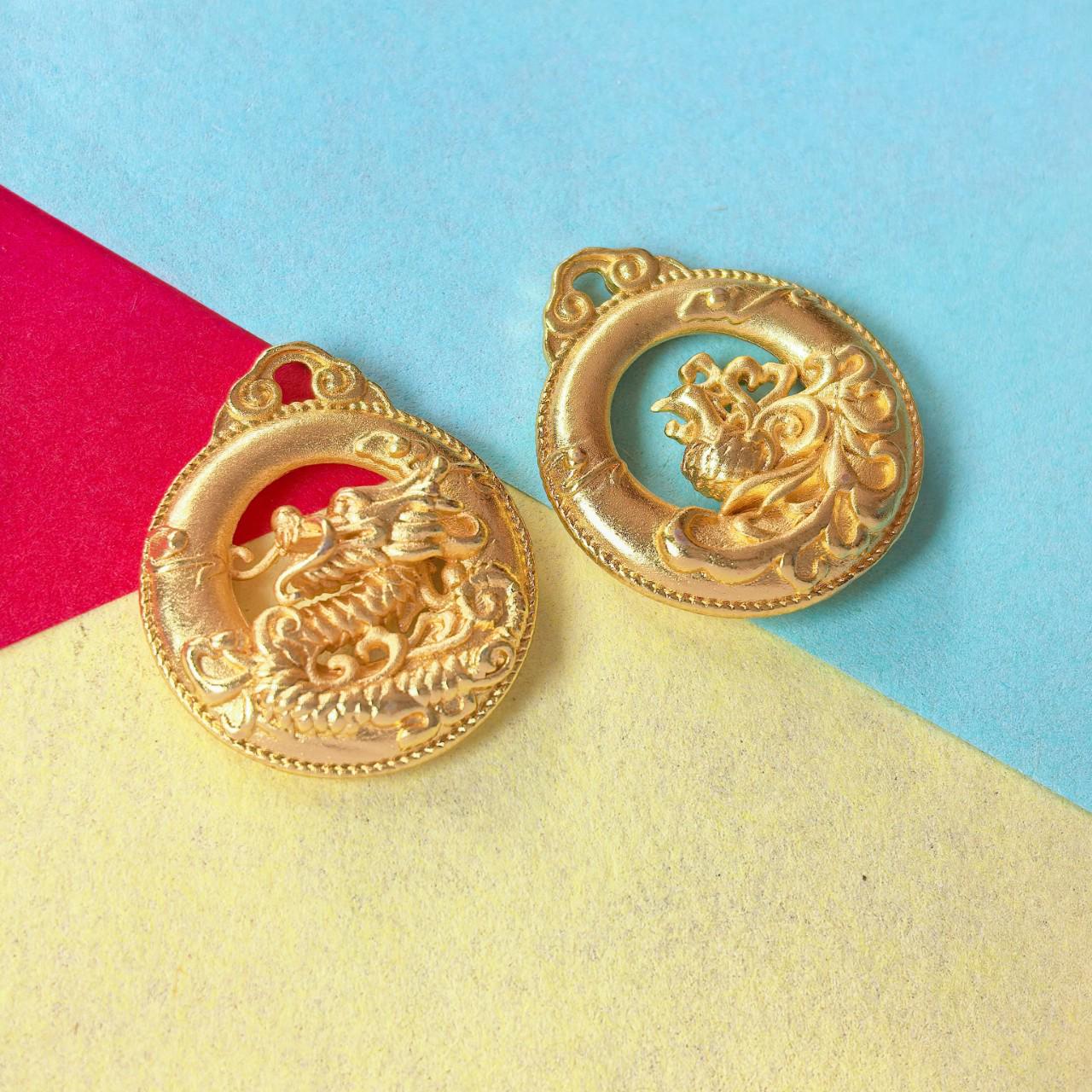 Ancient Dragon & Phoenix Auspicious Safety Buckle Pendant Necklace - Retro Brass Sweater Chain Phoenix Pendant Necklace