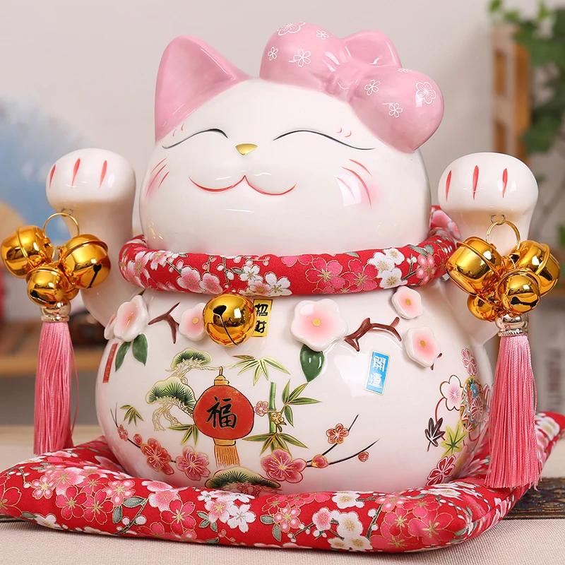 Cartoon Maneki Neko Oranment Ceramic Lucky Cat Figurine Pink BOW-TIE Fortune Cat Statue Home Decorative Money Box Piggy Bank