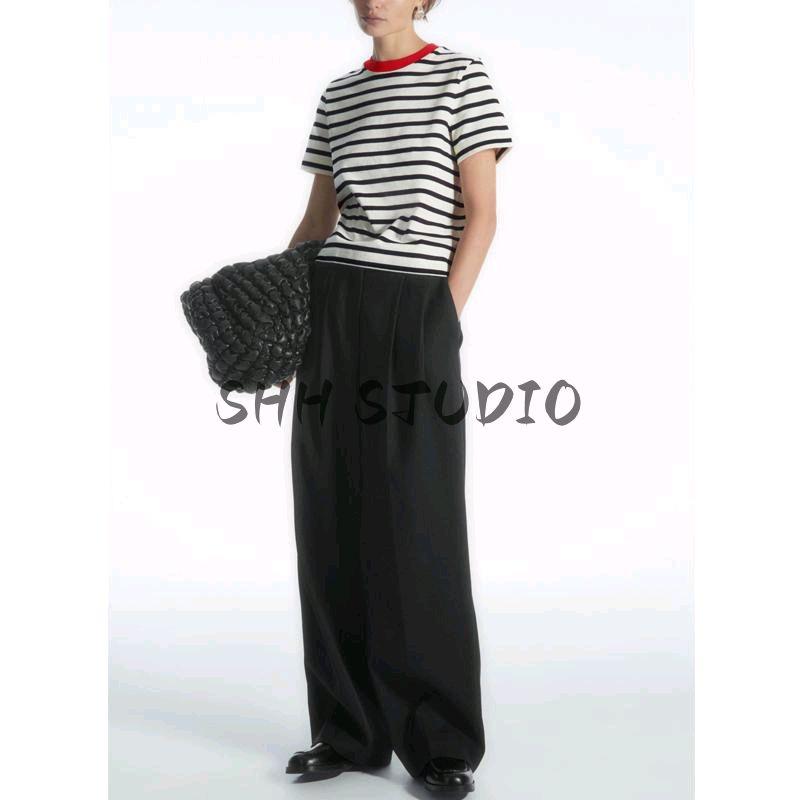 Spring New Women's Clothing European and American All-Matching Minimalist Standard Edition Contrast Color round Neck Short Sleeve T-shirt 9606791