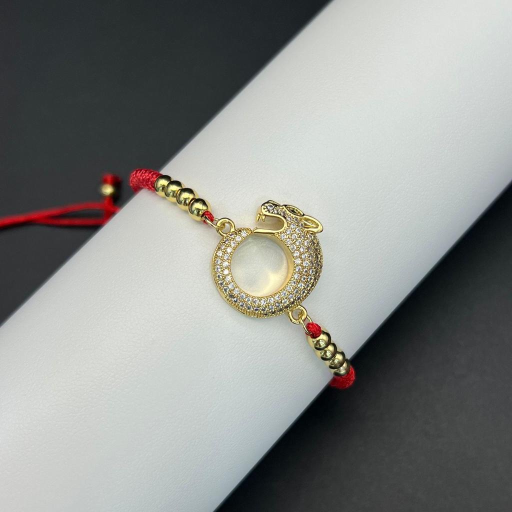 Retro-Leopardenkopf-Armband mit rotem Seil, mikro-eingefasstem Zirkonia und Zugband