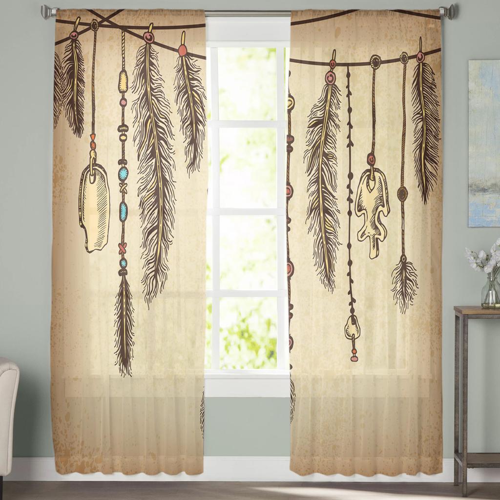 Feather Tribal Culture Lines Retro Tulle Sheer Window Curtains for Living Room the Bedroom Modern Voile Organza Curtains Drapes