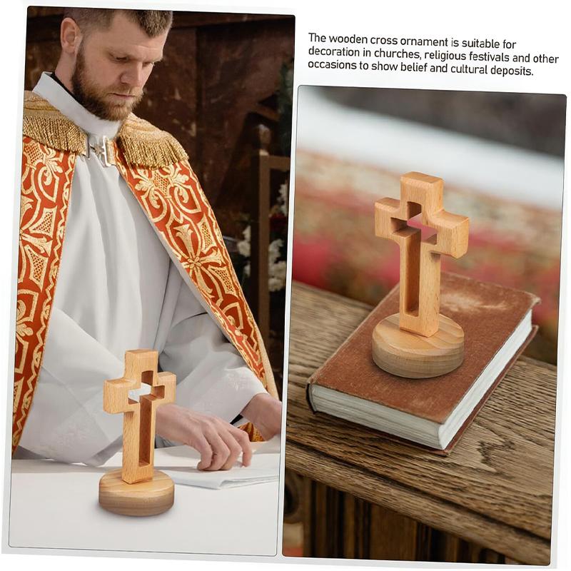 Cross Wood Crucifix Hand-Carved Beech Wood Cross With Stand Elegant Religious Craft For Church Easter Decor Tabletop Ornament