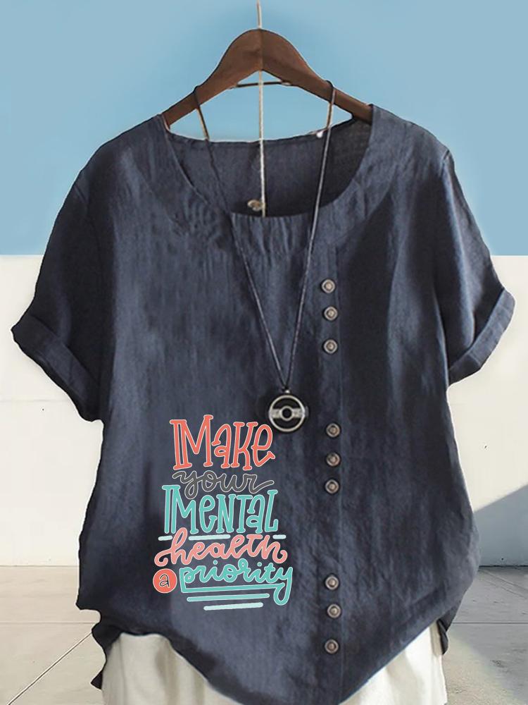 Women's Fashion Multi-color Letters Print Round Neck Short Sleeve T-shirt Summer Casual Cotton Linen Graphic Shirt Leisure Loose Blouse Tops