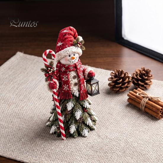 Christmas Gift for Friends Snowman Figurine, Resin Tabletop Decoration with Hat Scarf Pine Handcrafted Snowmen Branches, Holiday Winter Decor